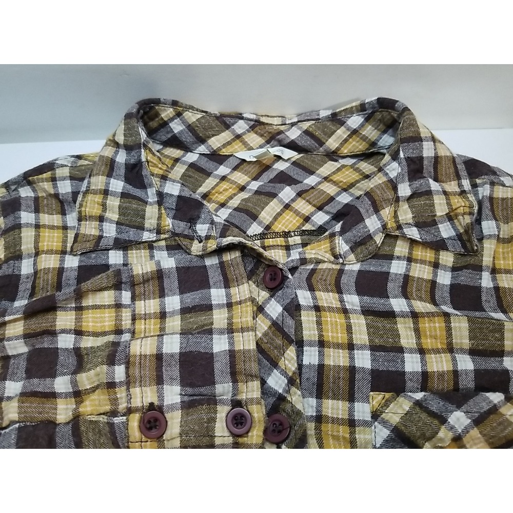 Maurices Womens Plaid Flannel Long Sleeve Button Up Shirt Brown Yellow Medium